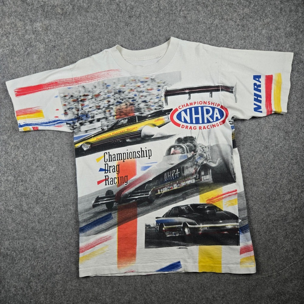Vintage NHRA Shirt Mens Large White Championship Drag Racing All Over Print 90s